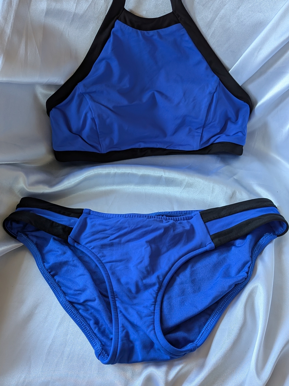 Seafolly Active Swim Halter Bikini Top & Matching Bottom Set Blue & Black Small